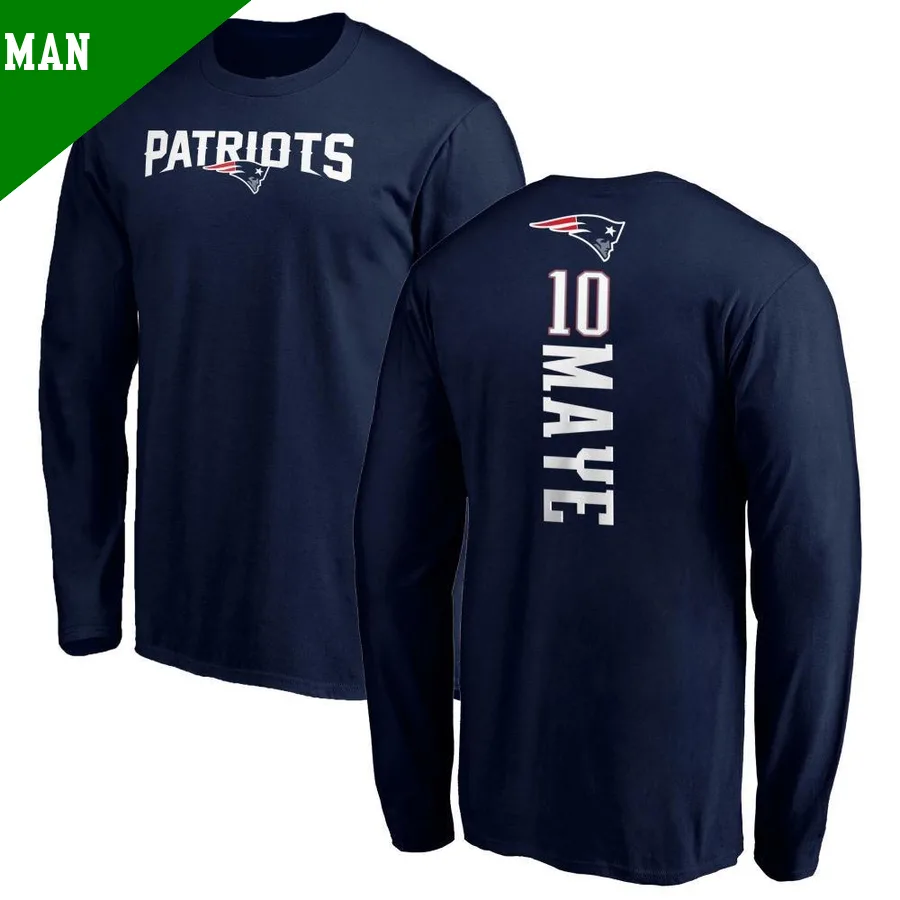 Men's ＃10 Drake Maye New England Patriots Navy Backer Long Sleeve T-Shirt