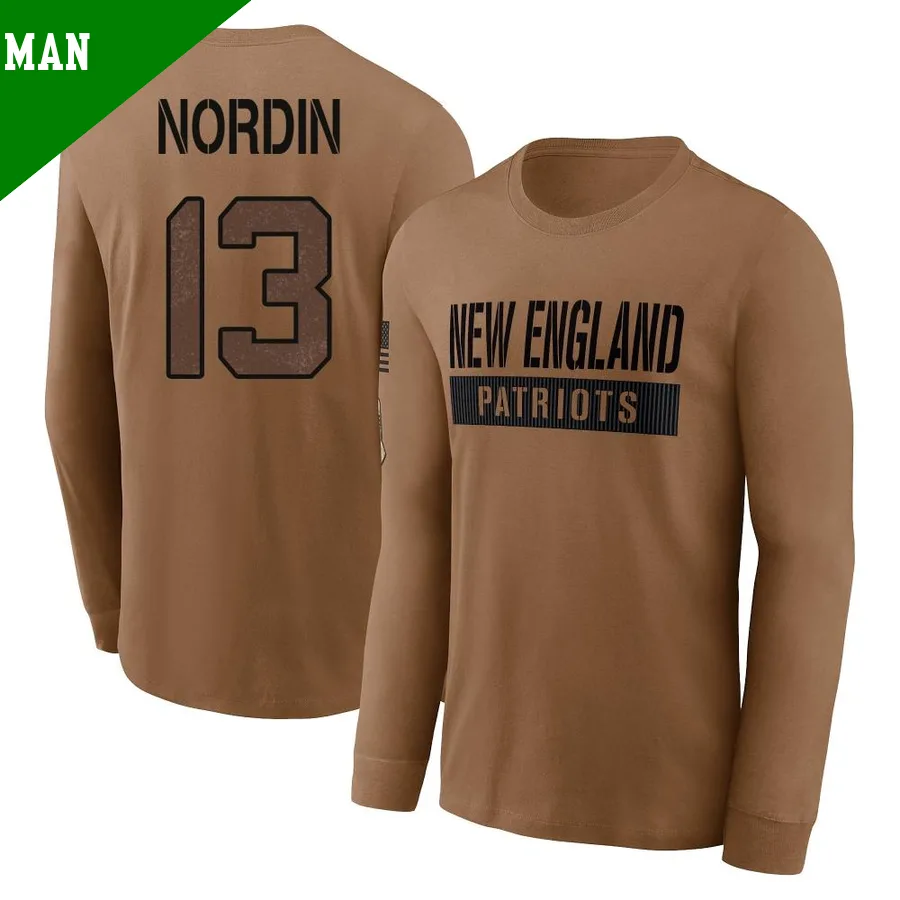 Men's ＃13 Quinn Nordin New England Patriots Brown 2023 Salute To Service Long Sleeve T-Shirt