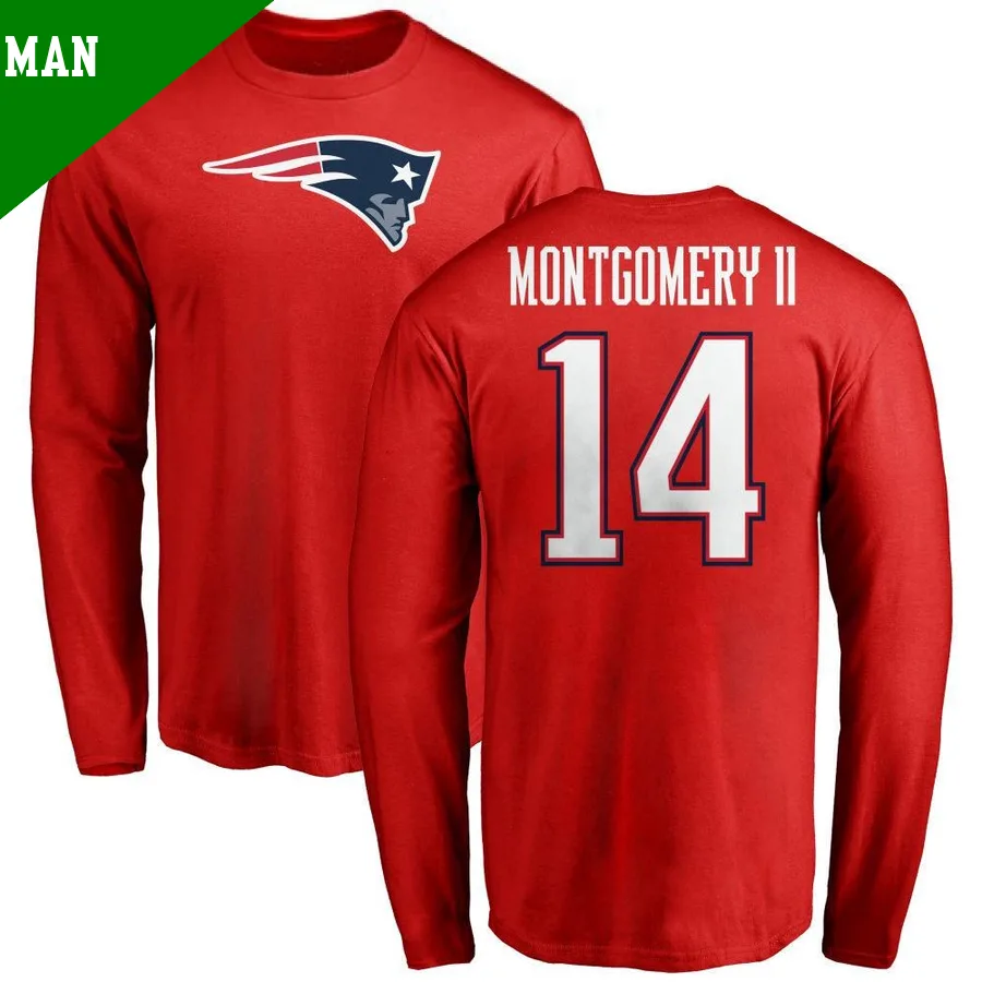 Men's ＃14 Ty Montgomery II New England Patriots Red Name & Number Logo Long Sleeve T-Shirt