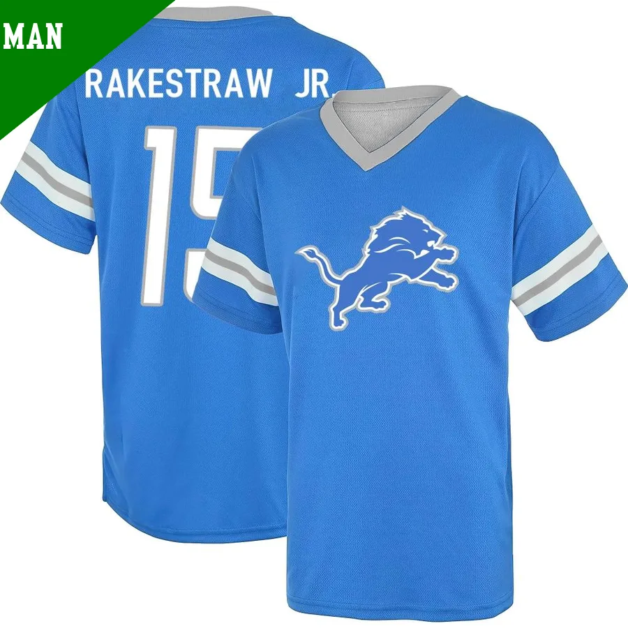 Men's ＃15 Ennis Rakestraw Jr. Detroit Lions Blue Game Los Name & Number Day V-Neck T-Shirt