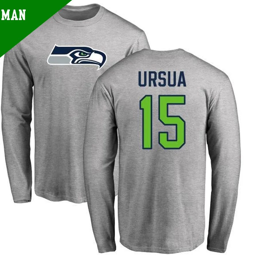 Men's ＃15 John Ursua Seattle Seahawks Name & Number Logo Long Sleeve T-Shirt Ash