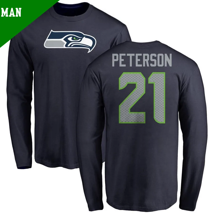 Men's ＃21 Adrian Peterson Seattle Seahawks Navy Name & Number Logo Long Sleeve T-Shirt