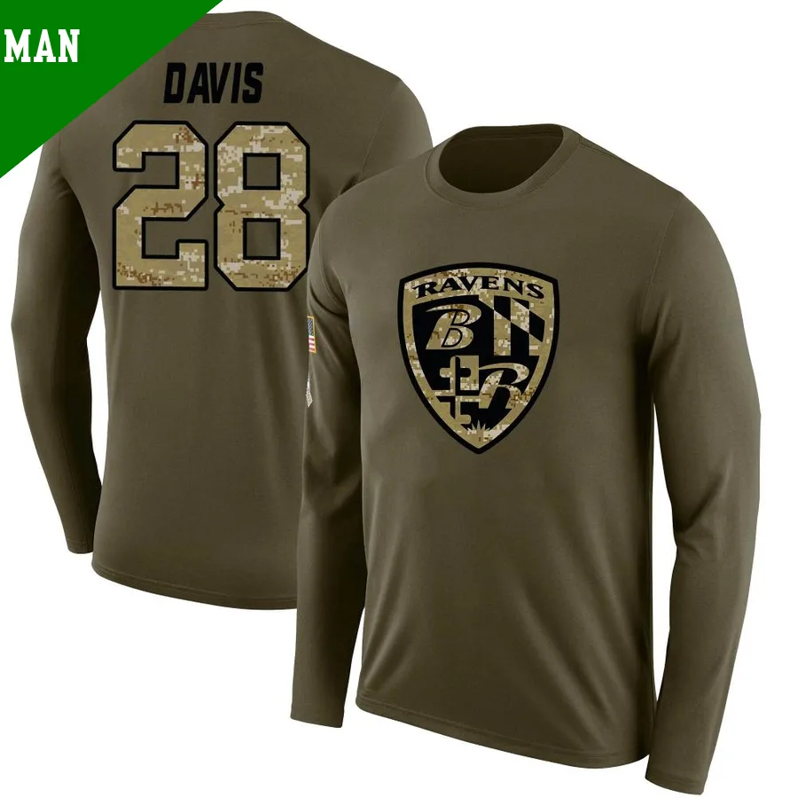 Men's ＃28 Mike Davis Baltimore Ravens Olive Legend Salute to Service Sideline Long Sleeve T-Shirt