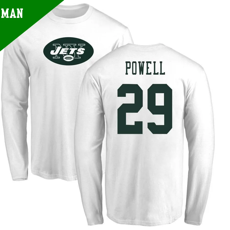 Men's ＃29 Bilal Powell New York Jets White Name & Number Logo Long Sleeve T-Shirt
