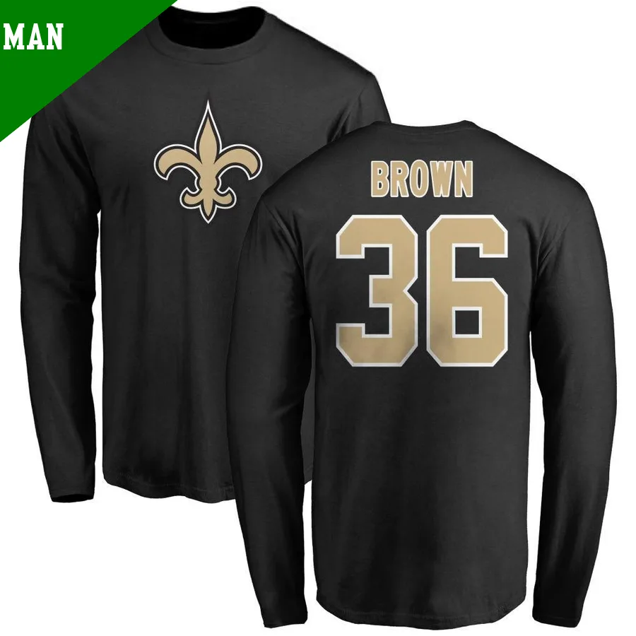 Men's ＃36 Jordan Brown New Orleans Saints Black Name & Number Logo Long Sleeve T-Shirt