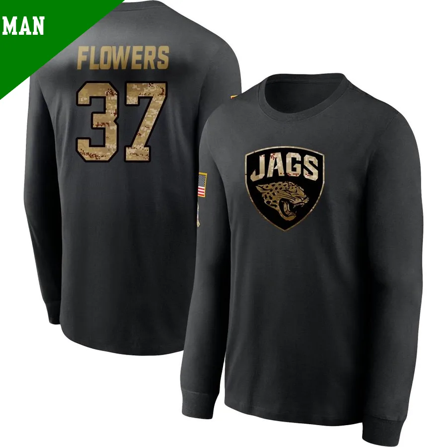 Men's ＃37 Tre Flowers Jacksonville Jaguars Black 2020 Salute To Service Sideline Performance Long Sleeve T-Shirt