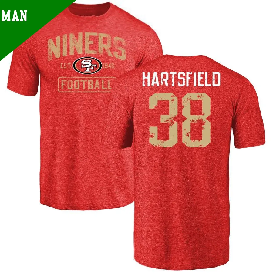 Men's ＃38 Myles Hartsfield San Francisco 49ers Red Distressed Name & Number T-Shirt