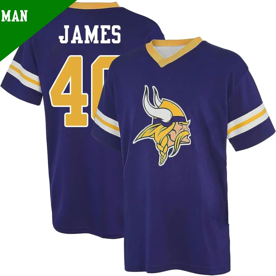 Men's ＃40 Ty James Minnesota Vikings Purple Game Name & Number Day V-Neck T-Shirt