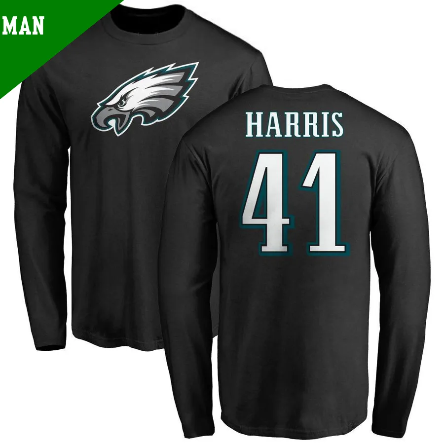 Men's ＃41 Anthony Harris Philadelphia Eagles Black Name & Number Logo Long Sleeve T-Shirt