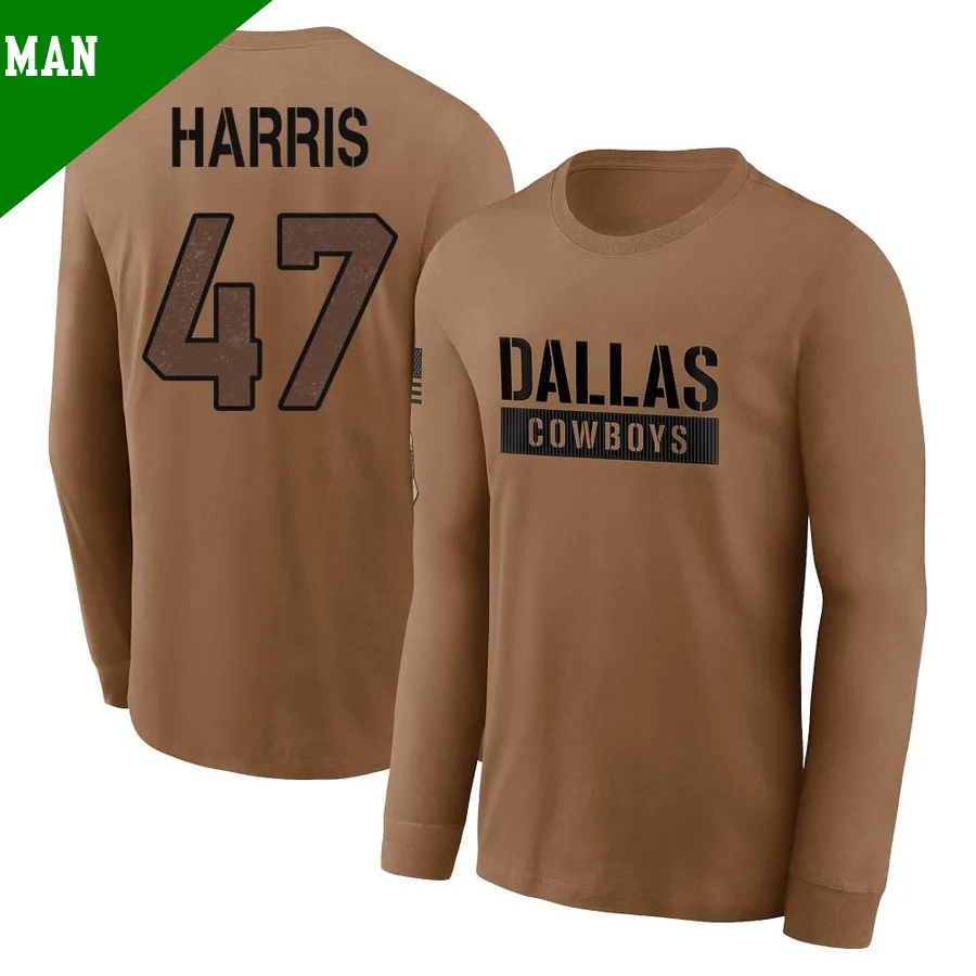 Men's ＃47 Darius Harris Dallas Cowboys Brown 2023 Salute To Service Long Sleeve T-Shirt