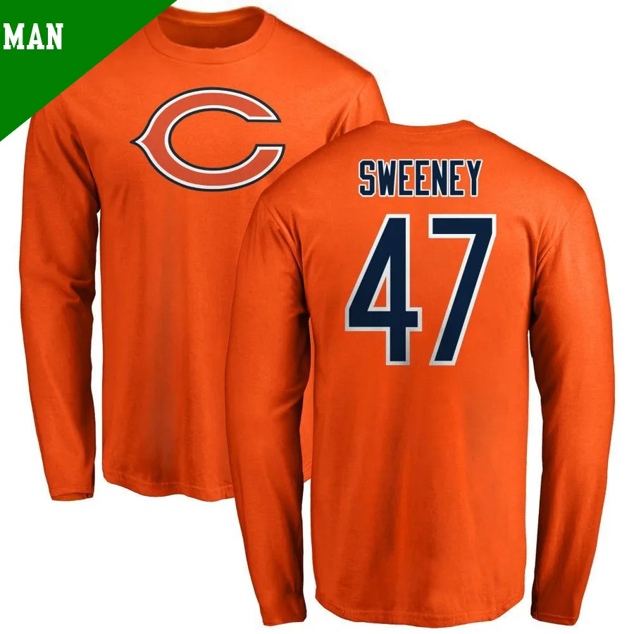 Men's ＃47 Tommy Sweeney Chicago Bears Orange Name & Number Logo Long Sleeve T-Shirt