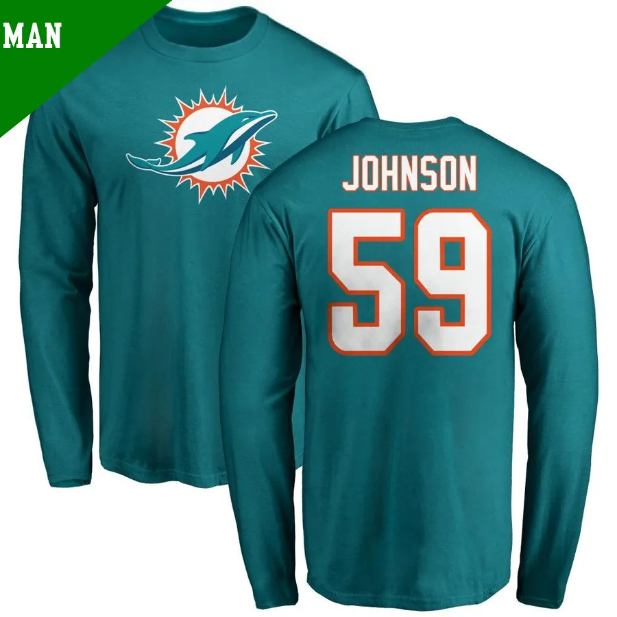 Men's ＃59 Alexander Johnson Miami Dolphins Aqua Name & Number Logo Long Sleeve T-Shirt