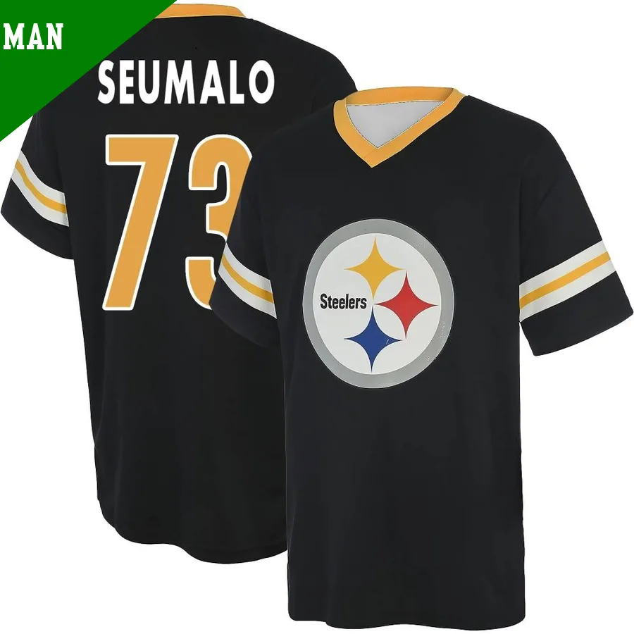 Men's ＃73 Isaac Seumalo Pittsburgh Steelers Black Game Name & Number Day V-Neck T-Shirt