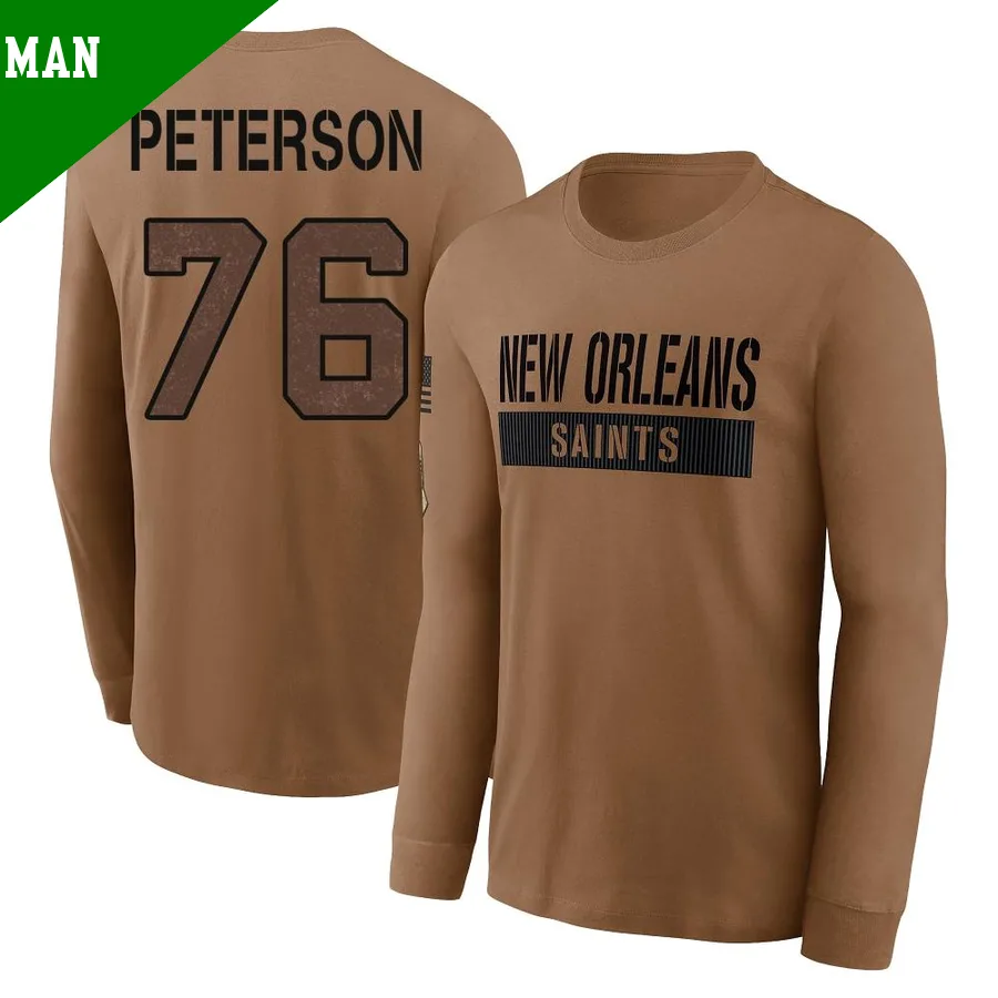 Men's ＃76 Camron Peterson New Orleans Saints Brown 2023 Salute To Service Long Sleeve T-Shirt