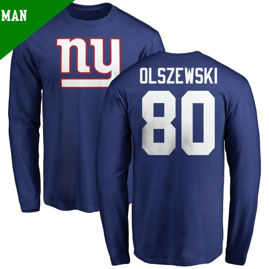 Men's ＃80 Gunner Olszewski New York Giants Royal Name & Number Logo Long Sleeve T-Shirt