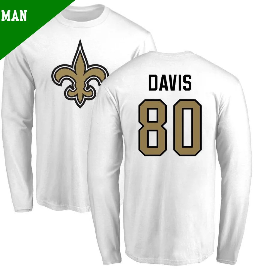 Men's ＃80 Shaquan Davis New Orleans Saints White Name & Number Logo Long Sleeve T-Shirt
