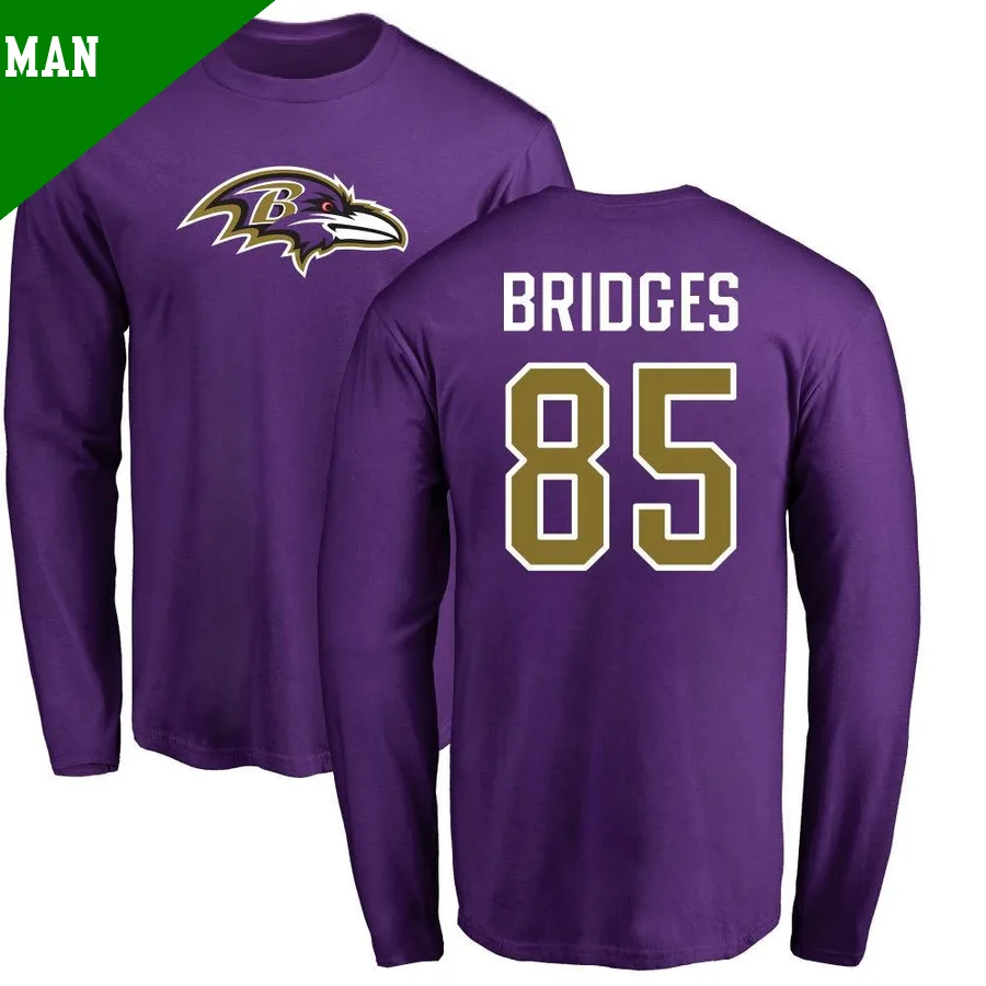 Men's ＃85 Shemar Bridges Baltimore Ravens Purple Name & Number Logo Long Sleeve T-Shirt