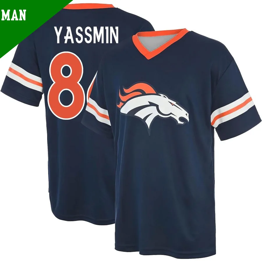 Men's ＃86 Thomas Yassmin Denver Broncos Navy Game Name & Number Day V-Neck T-Shirt