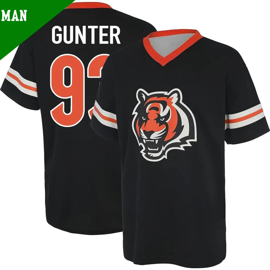 Men's ＃93 Jeff Gunter Cincinnati Bengals Black Game Name & Number Day V-Neck T-Shirt