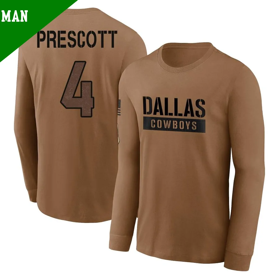Men's Dak Prescott Dallas Cowboys Brown ＃4 2023 Salute To Service Long Sleeve T-Shirt