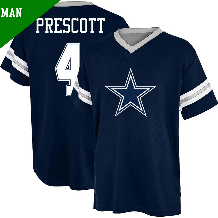 Men's Dak Prescott Dallas Cowboys Navy Blue Game ＃4 Name & Number Day V-Neck T-Shirt