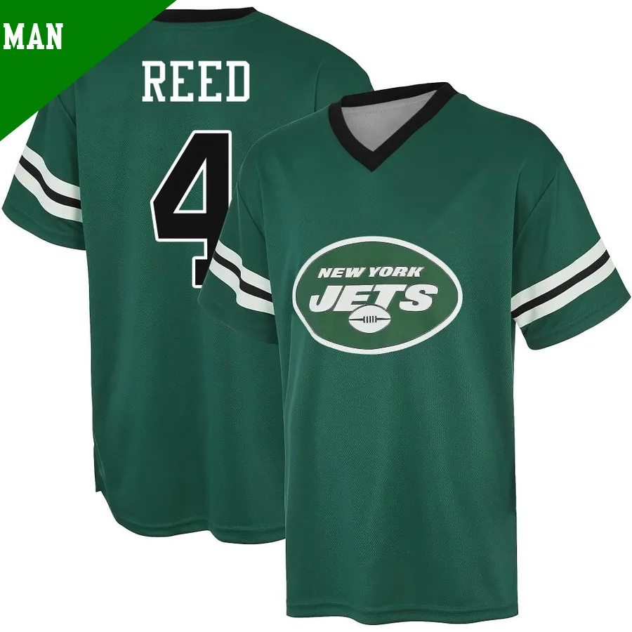 Men's D.J. Reed New York Jets Green Game ＃4 Name & Number Day V-Neck T-Shirt