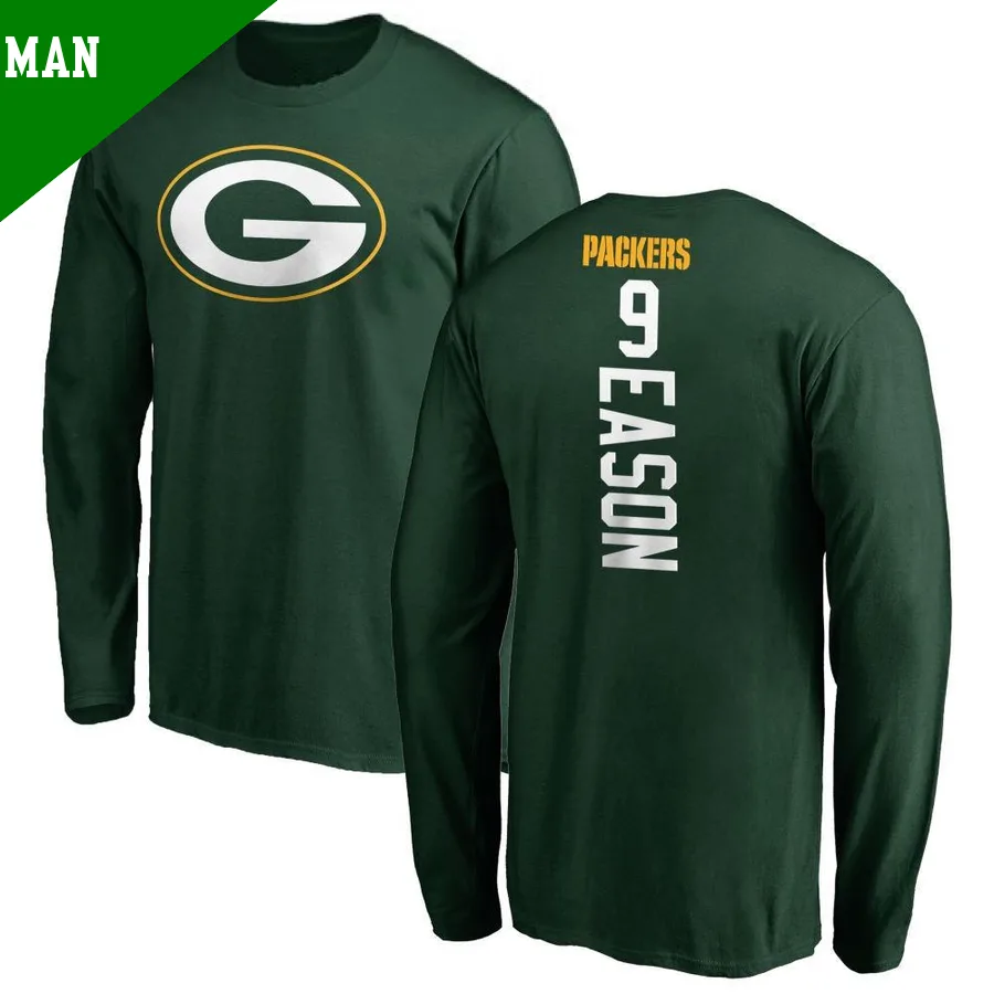 Men's Jacob Eason Green Bay Packers Green ＃9 Backer Long Sleeve T-Shirt