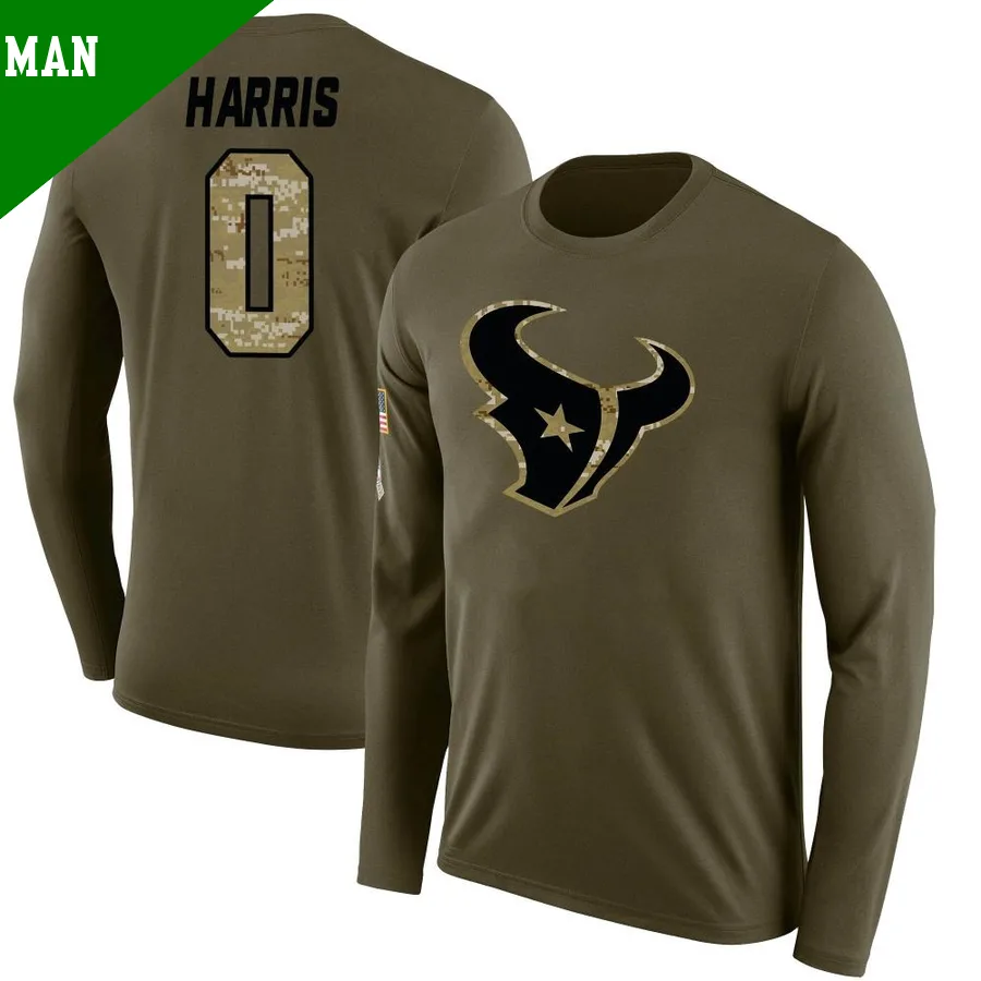 Men's Marcell Harris Houston Texans Olive Legend ＃0 Salute to Service Sideline Long Sleeve T-Shirt