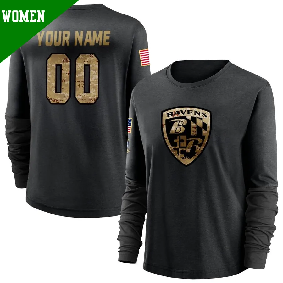 Women's ＃00 Custom Baltimore Ravens Black 2020 Salute To Service Sideline Performance Long Sleeve T-Shirt