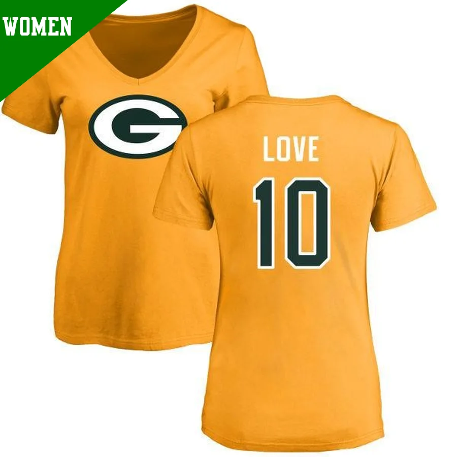 Women's ＃10 Jordan Love Green Bay Packers Gold Name & Number Logo Slim Fit T-Shirt