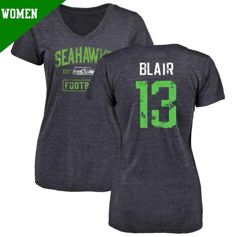 Women's ＃13 Marquise Blair Seattle Seahawks Navy Distressed Name & Number V-Neck T-Shirt