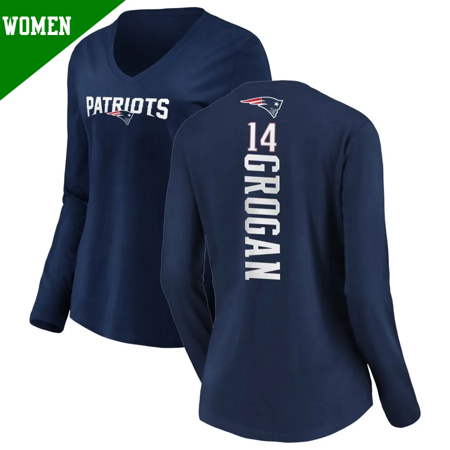 Women's ＃14 Steve Grogan New England Patriots Navy Backer Slim Fit Long Sleeve T-Shirt