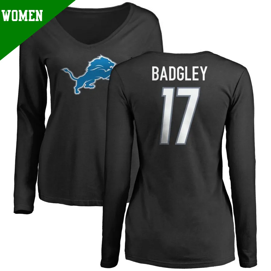 Women's ＃17 Michael Badgley Detroit Lions Black Name & Number Logo Slim Fit Long Sleeve T-Shirt