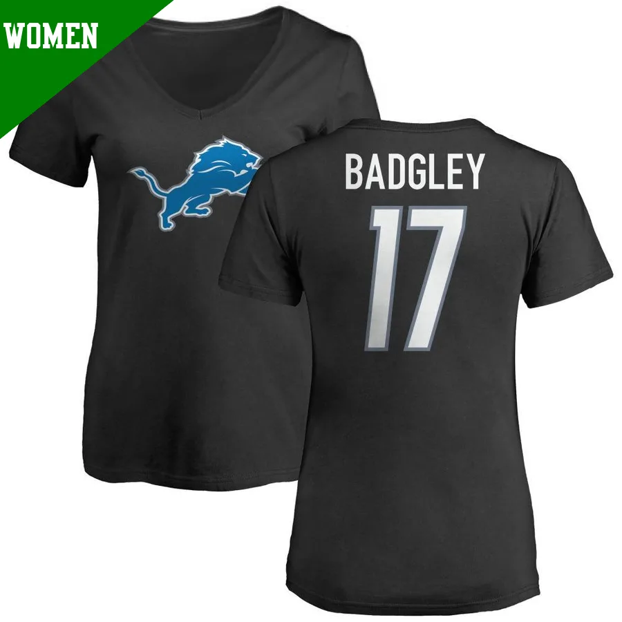 Women's ＃17 Michael Badgley Detroit Lions Black Name & Number Logo Slim Fit T-Shirt
