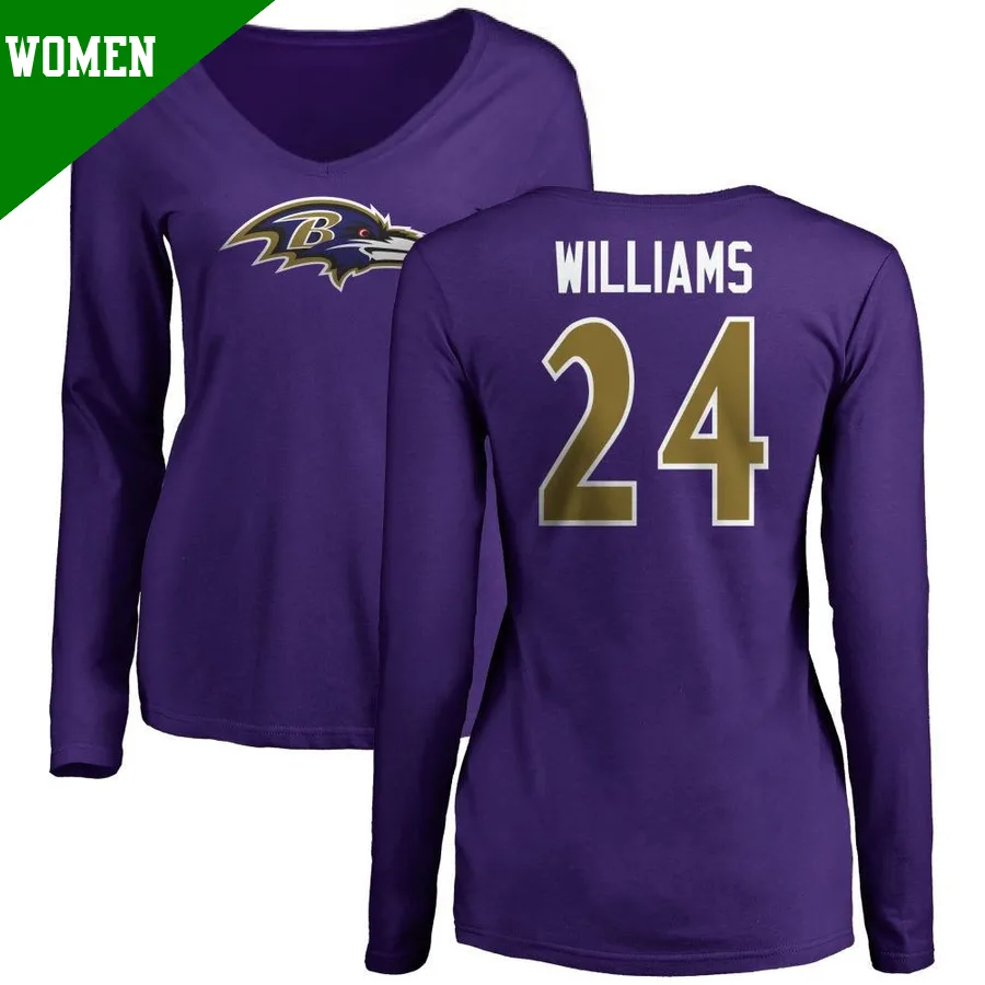 Women's ＃24 Damarion Williams Baltimore Ravens Purple Name & Number Logo Long Sleeve T-Shirt