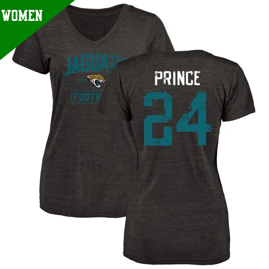 Women's ＃24 De'Antre Prince Jacksonville Jaguars Black Distressed Name & Number V-Neck T-Shirt