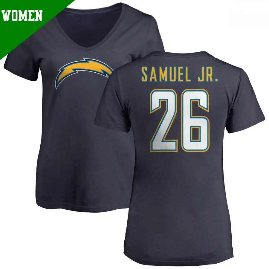 Women's ＃26 Asante Samuel Jr. Los Angeles Chargers Navy Name & Number Slim Fit V-Neck T-Shirt