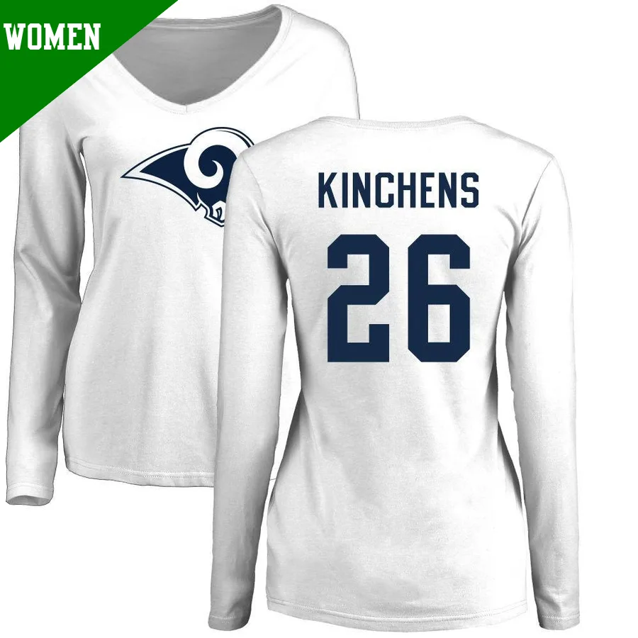 Women's ＃26 Kamren Kinchens Los Angeles Rams White Name & Number Logo Slim Fit Long Sleeve T-Shirt