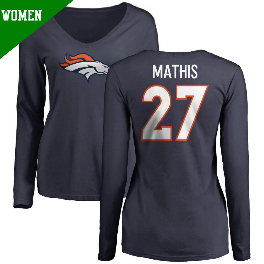 Women's ＃27 Damarri Mathis Denver Broncos Navy Name & Number Logo Slim Fit Long Sleeve T-Shirt