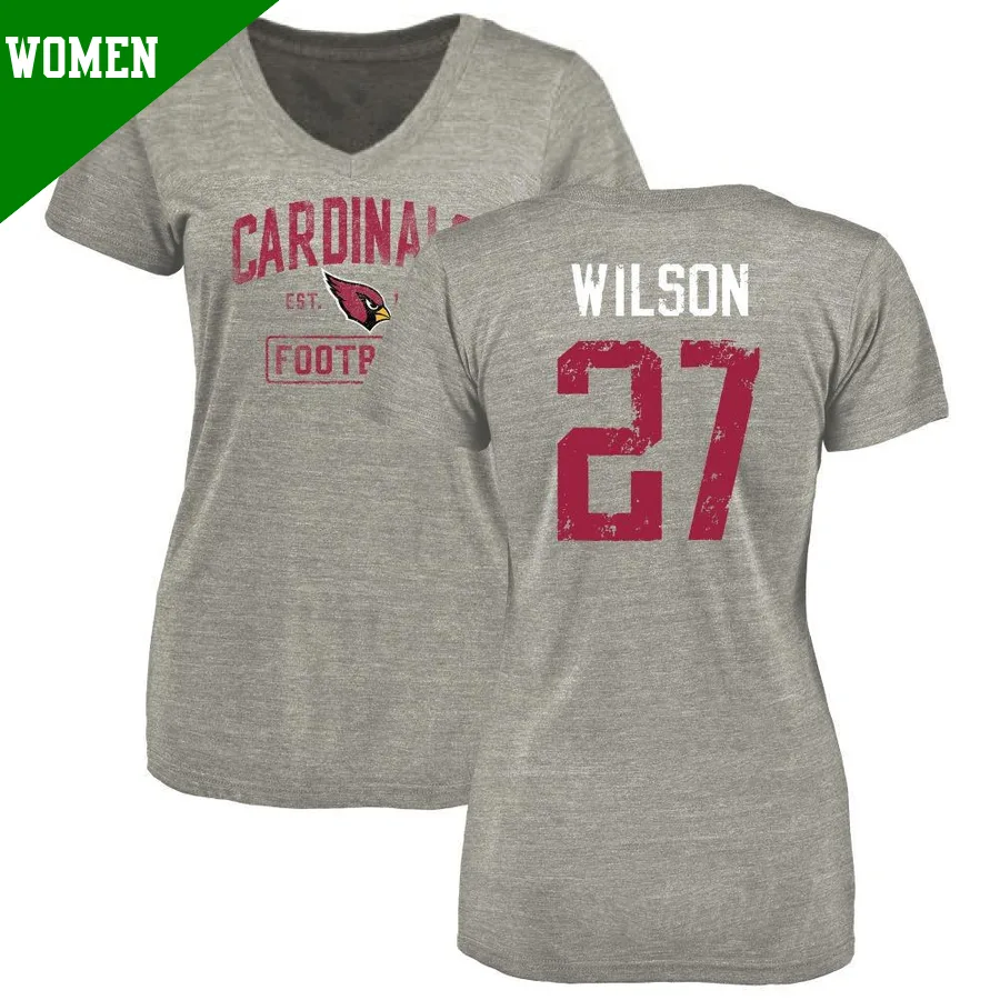 Women's ＃27 Divaad Wilson Arizona Cardinals Gray Heather Distressed Name & Number V-Neck T-Shirt