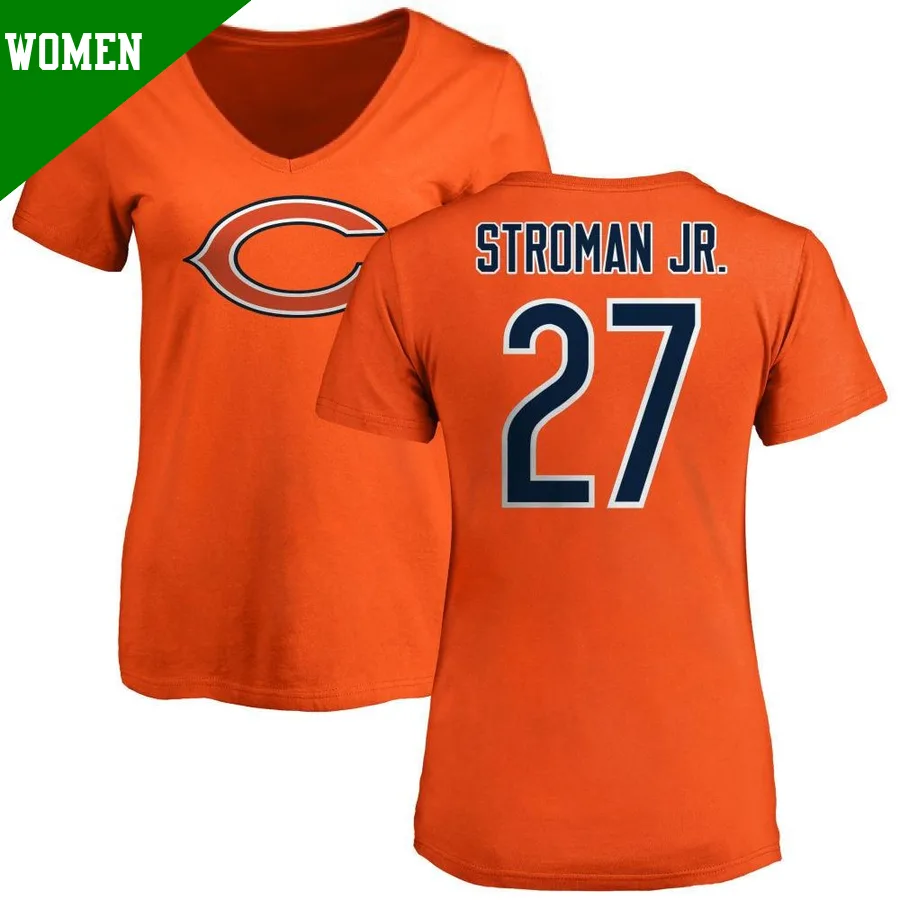 Women's ＃27 Greg Stroman Jr. Chicago Bears Orange Name & Number Logo Slim Fit T-Shirt