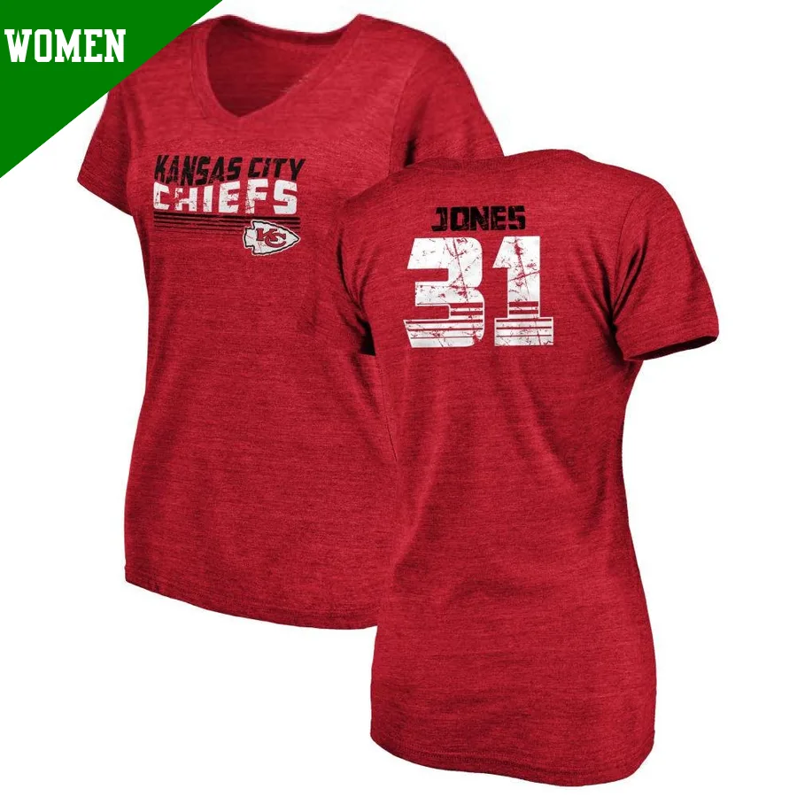Women's ＃31 Nic Jones Kansas City Chiefs Red Retro V-Neck T-Shirt