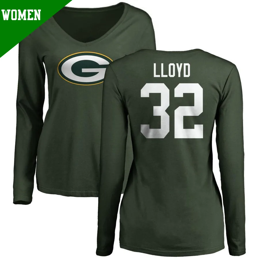 Women's ＃32 MarShawn Lloyd Green Bay Packers Green Name & Number Logo Slim Fit Long Sleeve T-Shirt