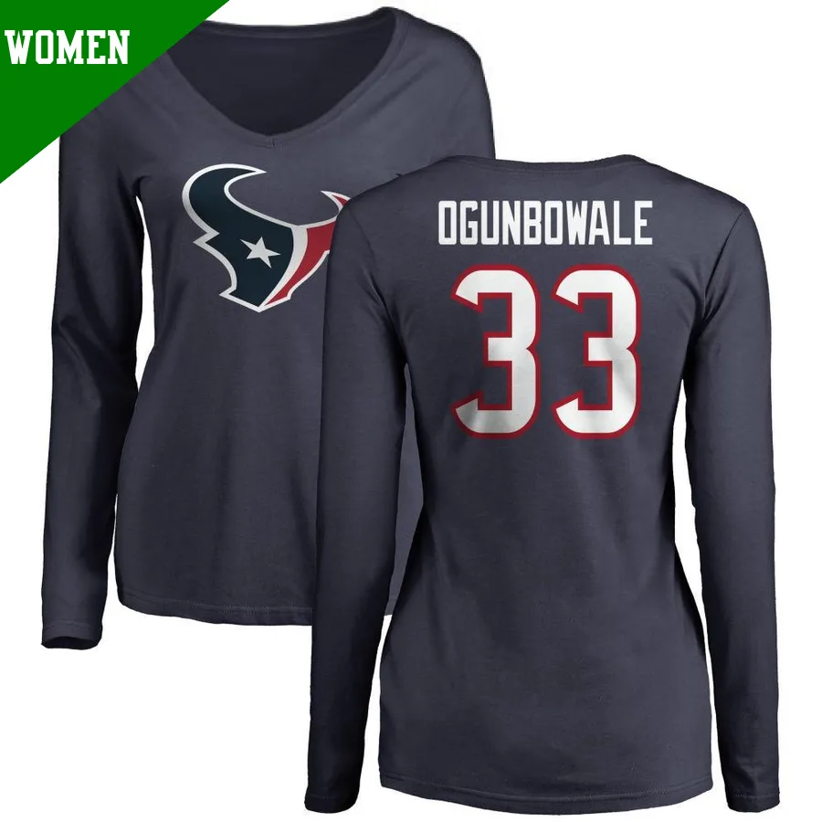 Women's ＃33 Dare Ogunbowale Houston Texans Navy Name & Number Logo Slim Fit Long Sleeve T-Shirt