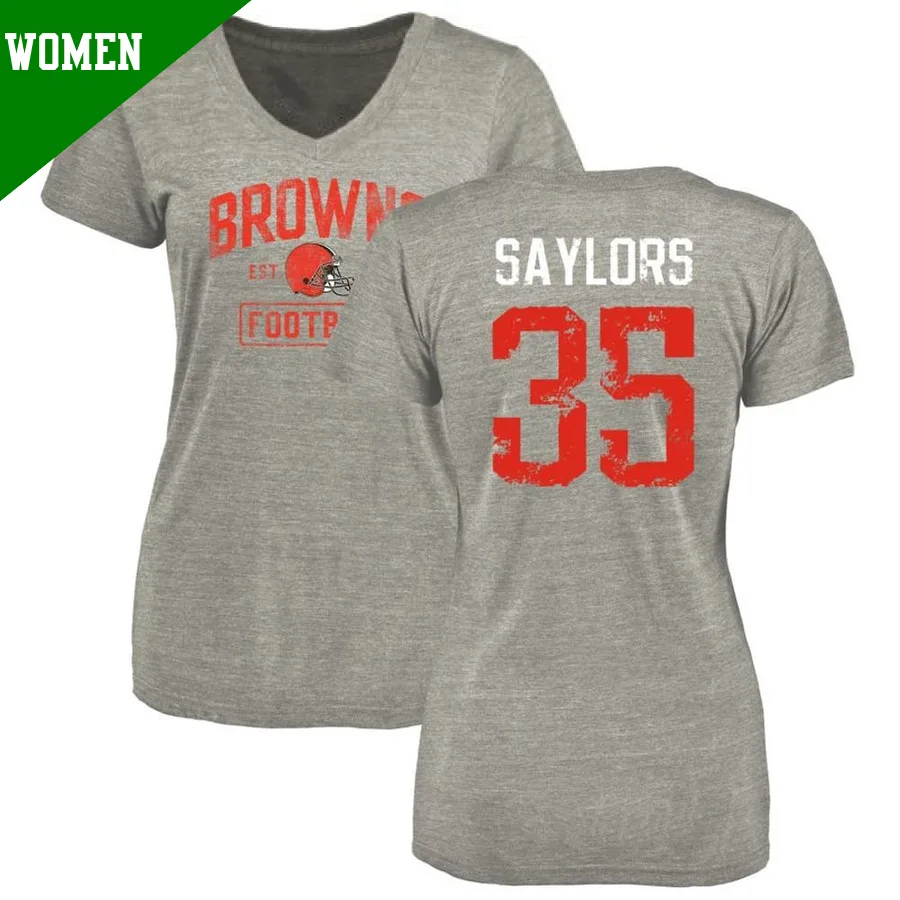 Women's ＃35 Jacob Saylors Cleveland Browns Gray Heather Distressed Name & Number V-Neck T-Shirt