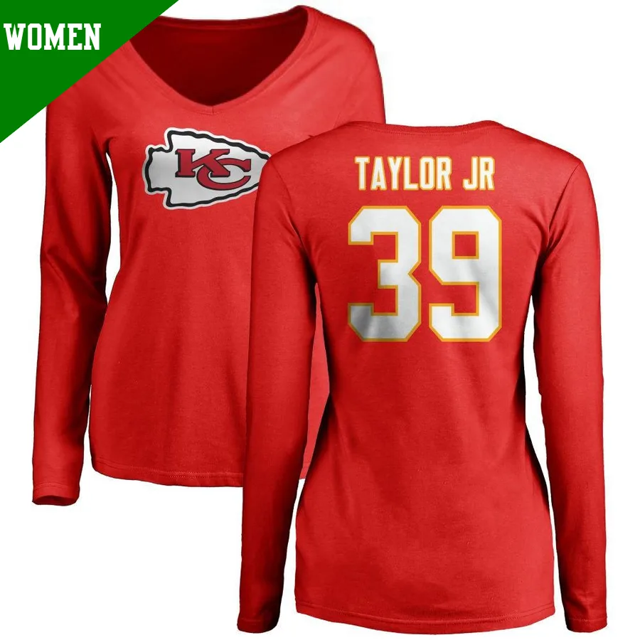 Women's ＃39 Keith Taylor Jr. Kansas City Chiefs Red Name & Number Logo Slim Fit Long Sleeve T-Shirt