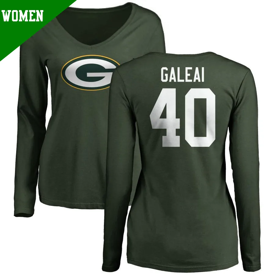 Women's ＃40 Tipa Galeai Green Bay Packers Green Name & Number Logo Slim Fit Long Sleeve T-Shirt