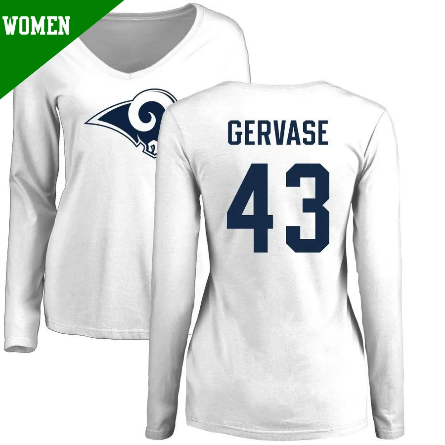 Women's ＃43 Jake Gervase Los Angeles Rams White Name & Number Logo Slim Fit Long Sleeve T-Shirt
