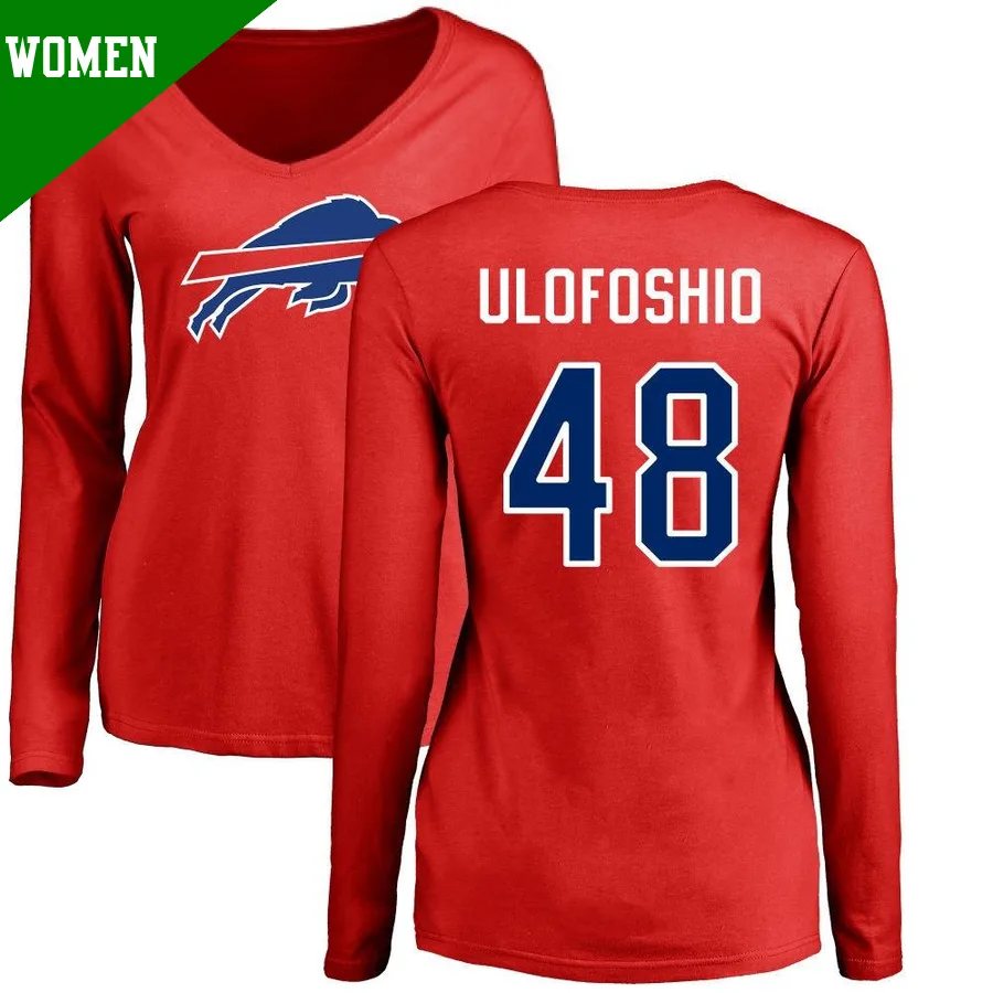 Women's ＃48 Edefuan Ulofoshio Buffalo Bills Red Name & Number Logo Slim Fit Long Sleeve T-Shirt