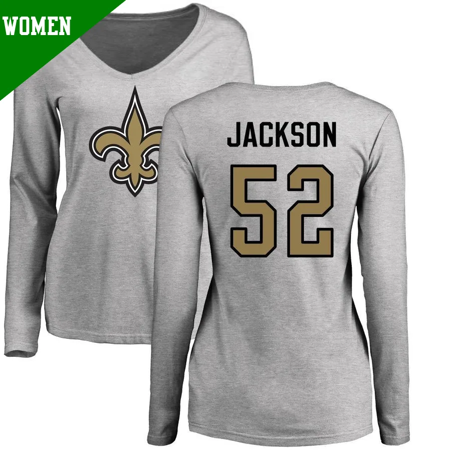 Women's ＃52 D'Marco Jackson New Orleans Saints Name & Number Logo Slim Fit Long Sleeve T-Shirt Ash